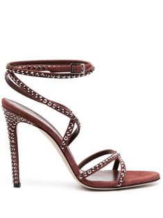 chocolate brown calf leather stud embellishment thin straps lace-up detailing buckle-fastening ankle strap open toe branded footbed high stiletto heel Womens Shoes Sandals, Pink Sandals Heels, Raffia Sandals, Different Shoes, Texas Women, Black Strappy Sandals, Paris Texas, Italian Shoes, Leather Sandals Flat