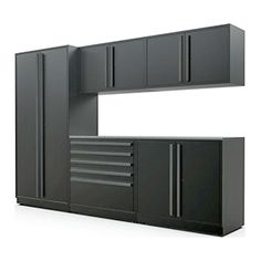 a black garage cabinet with drawers and doors