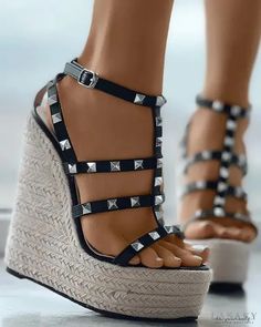 Lasaky - Studded Buckle Slingback Wedge Sandals Heel Wedges, Fashion Shoes Heels, Chic Type, High Heel Wedges, Black Wedge Sandals, Wedge Heel Sandals, Womens Wedges, Crazy Shoes, Sandal Fashion