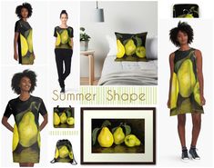 an image of a woman wearing a dress with pears on it and the words summer shape