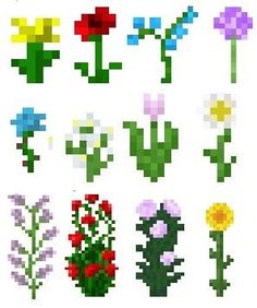 pixel art flowers and plants are shown in different sizes, shapes, and colors on a white background