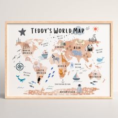 a wooden frame with an illustrated map of the world