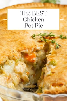 the best chicken pot pie with a piece missing from it and carrots in the background