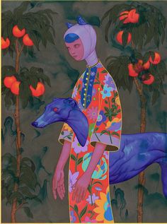 a painting of a woman holding a blue dog in front of trees and red flowers