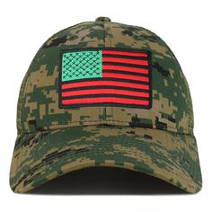 50% Cotton , 50% Nylon Quality Red Green Black American flag embroidered patched camo patterned structured mesh trucker cap 6 panels, mid profile, structured crown, front 2 panels with 4 mesh back panels Stiff and pre-curved bill, same camo pattern under bill Finished with an adjustable plastic snapback closure One Size Fits Most Shipping and Handling - Usually ships in 1-2 business days - Standard shipping takes 3-5 business days, Priority shipping takes 2-3 business days. (Domestic) Return &am Military Hats For Memorial Day Sports, Military Hats For Sports, Military Style Hat For Sports On Memorial Day, Military Camouflage Trucker Hat For Sports, Camouflage Snapback Baseball Cap For Sports, Military Style Camouflage Trucker Hat For Sports, Camouflage Trucker Hat For Sports, Snapback Baseball Cap For Memorial Day Outdoor, Patriotic Trucker Hat Baseball Cap For Outdoor