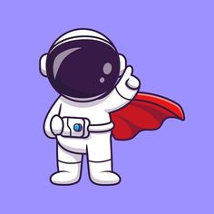 an astronaut with a red cape standing in front of a purple background