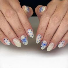 New Trendy Nail Designs, Nail Inspiration Blue And White, Nail Ideas Trendy 2024, Boston Nails Designs, Gel X Nail Designs Blue, Creative Nail Art Ideas, Cute Polka Dot Nails, Milky White Nails With Blue Design, Blue Nails White Tips