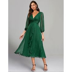 Silhouette:A-Line; Hemline / Train:Tea Length; Closure:Zipper UP; Built-In Bra:No; Embellishment:Ruched; Fabric:Polyester,Lurex Fabric; Sleeve Length:Long Sleeve; Tips:Colors may vary slightly due to different monitor settings,Professional dry cleaner only; Boning:No; Style:Elegant; Occasion:Formal,Wedding Guest; Neckline:V Neck; Front page:Wedding Guest Dresses; Listing Date:06/20/2024 Wedding Guest Midi Dresses, Midi Party Dress, Spring Dresses Women, 파티 드레스, Dress Sash, Sleeves Clothing, Pleated Maxi Dress, Pleated Maxi, Spring Summer Dress