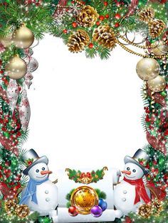 a christmas frame with snowmen and decorations