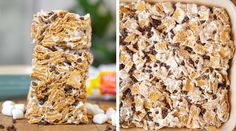 two pictures side by side one has cereal bars and the other has marshmallows