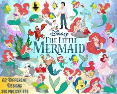 the little mermaid digital clipart set is shown in various poses and sizes, with different colors