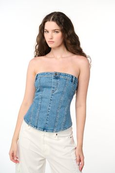 Own It Bustier Fitted Denim Blue Cotton Tube Top, Casual Denim Blue Cotton Corset, Spring Stretch Corset, Denim Blue Summer Corset, Fitted Denim Tube Top For Spring, Medium Wash Strapless Top For Spring, Denim Tube Top For Spring, Denim Blue Strapless Spring Corset, Spring Denim Blue Strapless Corset