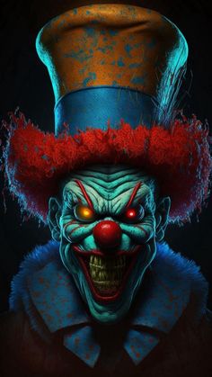 a creepy clown with red hair and a top hat on his head, in the dark