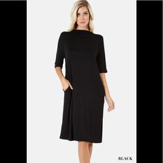 Zenana Premium Mock Neck Dress With Pockets - M Description Premium Rayon Elbow Sleeve Mock Neck Dress With Side Pockets Style No: Rs-1236p Fabric: 93% Rayon 7% Spandex Super Soft Fabric Chic Plain Black Dress, Chic Black Plain Dress, Black Shift Dress Casual Style, Modest Black A-line Dress, Casual Black Shift Dress, Black Shift Midi Dress Knee-length, Black Shift Midi Dress With Short Sleeves, Black Short Sleeve Dresses For Fall, Black Mid-length Dress For Daywear