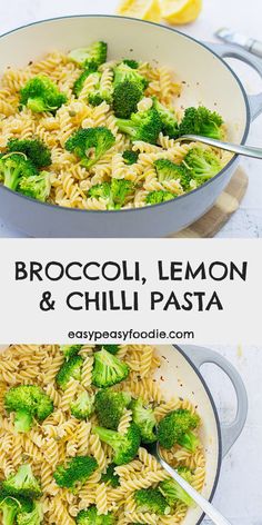 broccoli, lemon and chili pasta in a skillet