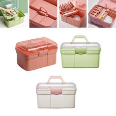 four different types of bento box with lids and handles, including one carrying utensils