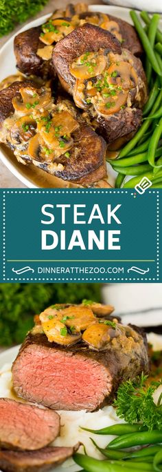 steak and green beans on a plate with the words steak dine overlayed