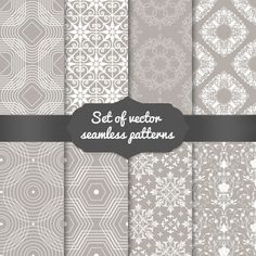 a set of six seamless patterns in gray and white, with a black ribbon