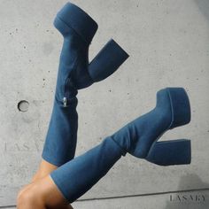 Lasaky - Denim Blue Knee High Platform Boots with Round Toe and Geometric Heel Design Fitted Blue Jeans For Winter, Blue Jeans For Winter, Blue Denim Winter Boots, Blue Platform Boots, High Platform Boots, Go Go Boots, Knee High Platform Boots, Denim Heels, Popular Boots