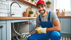 a man in blue overalls and red cap is holding a hose to the sink