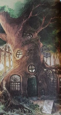 a drawing of a tree house with lots of windows and trees growing out of it