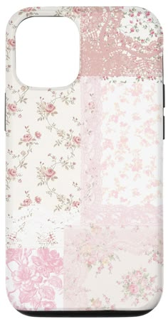 an iphone case with pink flowers and lace on it, all in different shades of pink