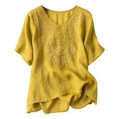 Komili Yellow Button-Accent Embroidered Bell-Sleeve Hi-Low Top Size 3xl Specifications: * Brand: Komili * Color: Yellow * Size 3xl Description: * Add A Pop Of Sunshine To Your Wardrobe With The Komili Yellow Button-Accent Embroidered Bell-Sleeve Hi-Low Top In Size 3xl. This Vibrant Top Features A Cheerful Yellow Hue And Is Adorned With Button Accents And Embroidered Details, Creating A Stylish And Eye-Catching Look. The Bell Sleeves Add A Touch Of Femininity, And The Hi-Low Hemline Enhances The Winter Blouses, Linen Short, Retro Hairstyles, Linen Blouse, Plus Size Top, Round Neck Tops, Loose Tops, Belleza Natural, Short Sleeve Blouse