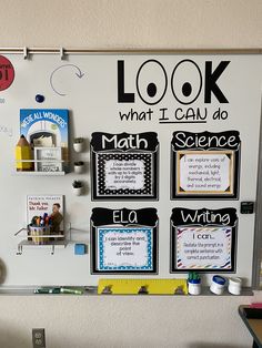 a bulletin board with writing and pictures on it that says, look what i can do math science ela writing