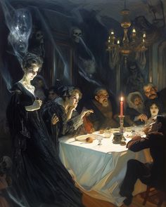 a painting of people sitting at a table with a candle in front of them and skulls on the wall