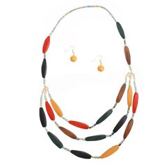 Women's Bead Necklace Set Blue-Green Rectangle Bead and Multi Color Oblong Twisted Wooden Bead Long Necklace Featuring Triple Layer Center Detail. Layers Measure 36" to 44". Each Wooden Bead Measure 2.15" long. Includes Wooden Ball Bead Drop Fish Hook Earrings. Red Ring, Gold And Red, Beaded Cuff, Fish Hook Earrings, Ring Pendant, Metal Chain Link, Necklace Long, Pin Jewelry, Metal Pendant