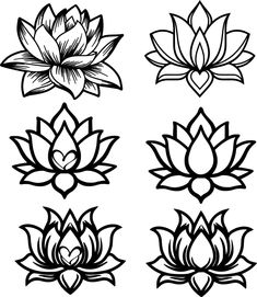 black and white lotus flowers with leaves on the petals, set of four different designs