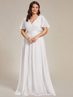 Women's Floor-Length Plus Size Formal Bridesmaid Dress with Short Sleeve #color_White Tulle Wedding Gown, Dress With Ruffle Sleeves, Round Neck Casual Dress, Apple Shape, Plus Size Bridesmaid