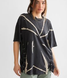 Gilded Intent Oversized Bleach Washed T-Shirt - Black Medium, Women's Black Lace-up high low hem t-shirt Grommet details Bust measures 48 on size small Body length 26 on size small. 100% Cotton. Hand wash cold with like colors. Do not bleach. Line dry. Iron low.. Measurements: Bust -Fullest part of bust with arms at sides. Waist -Circumference of natural waist: above belly button below rib cage. Hips -Standing with feet together fullest part of hips. WOMEN'S TOP SIZE CONVERSION CHART Size US/CAN Acid Wash Relaxed Fit Edgy T-shirt, Edgy Acid Wash Distressed T-shirt, Relaxed Fit Distressed Washed Black T-shirt, Acid Wash Distressed Band Merch T-shirt, Urban Washed Black Distressed T-shirt, Waist Circumference, Bleach Wash, Conversion Chart, Rib Cage