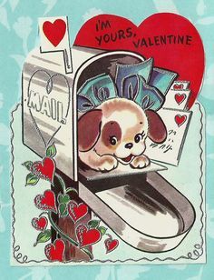 an old valentine's day card with a puppy in a mailbox