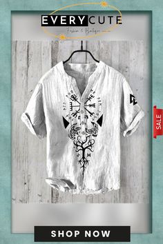 Men's Viking Graphic Art Linen Blend Shirt Artistic Crew Neck Shirt For Summer, White Artistic Shirt For Summer, Artistic White Summer Shirt, Cute Fashion, Fashion Boutique, Linen Blend, Vikings, Graphic Art, Shop Now