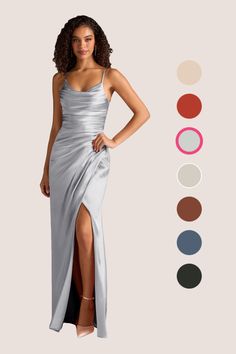 a woman in a long silver dress standing next to different color swatches and colors