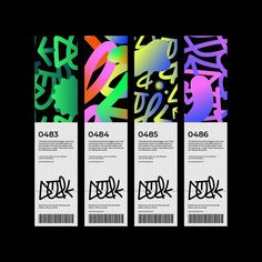 three tickets with different designs on them and the words dork written in black ink