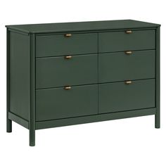 a green dresser with gold handles on it's top and bottom drawers, against a white background