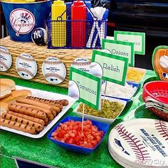 a baseball themed birthday party with hot dogs and condiments