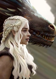 a woman with long white hair standing next to a dragon