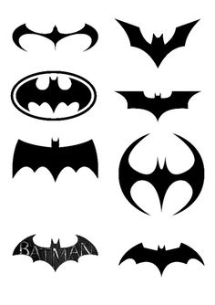 batman logos are shown in black and white, as well as the symbol for each character