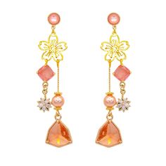 18K Gold Vermeil Posts Anti-tarnish, Anti-allergy. Gold-plated Dangle Flower Earrings For Pierced Ears, Pink Gold-plated Pierced Earrings, Pink Gold Plated Pierced Earrings, Gold Plated Dangle Flower Earrings, Gold Plated Flower Dangle Earrings, Pink Tarnish Resistant Drop Earrings, Pink Tarnish-resistant Drop Earrings, Pink Dangle Gold Plated Earrings, Pink Gold Plated Dangle Earrings