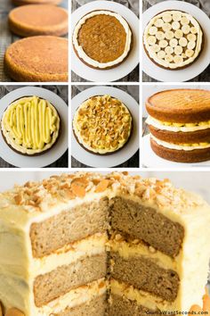 there are many different types of cakes on the table and one is cut into slices