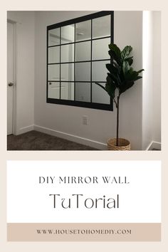 a mirror hanging on the wall next to a potted plant