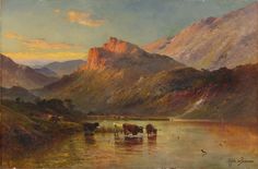 an oil painting of cows in a mountain lake