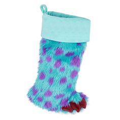 a blue and purple stocking with polka dots on it