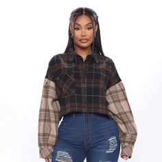 Fashion Nova Cropped Flannel Size Medium 100% Cotton Black, Brown, Tan Flannel Top Cropped Collared Button Down Contrast Sleeves Drop Balloon Sleeve Size Medium Appropriate Measurements Laying Flat- Approximately 25.5” From Pit To Pit, 19” From Shoulder To Shoulder, 18” Length From Shoulder To Bottom, 8” From Pit To Bottom, 17.5” Sleeve Length From Pit To Wrist, 26.5” Sleeve Length From Shoulder To Wrist. Please See Measurements In Photos Casual Brown Blouse For Winter, Black Flannel Top For Fall, Casual Brown Fall Blouse, Brown Flannel Shirt For Work, Brown Button-up Flannel Shirt For Fall, Brown Button Closure Flannel Shirt For Work, Brown Flannel Shirt With Button Closure For Work, Trendy Plaid Blouse For Fall, Trendy Brown Shirt For Fall