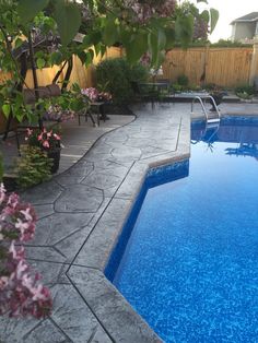 an empty swimming pool in the middle of a backyard with purple flowers and chairs around it