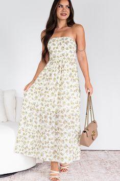 Beauty Untamed Strapless Floral Maxi Dress (Cream) - NanaMacs Rosé Model, Graphic Dress, Short Mini Dress, Basic Dress, Vacation Dresses, Floral Maxi, Cream Dress, Babydoll Dress, Cutout Dress