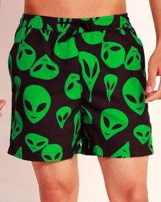 Little Green Men's Shorts-Black/Neon Green-Front--Raine Rave Men, Rave Scene, Halloween Rave, Body Chain Harness, Couples Accessories, Festival Gear, Fairy Dresses, Festival Shop, Adult Halloween Costumes